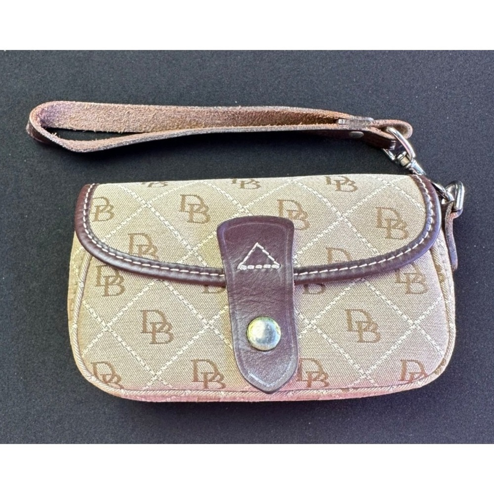 Dooney & Bourke Tan Brown Monogram Canvas Wristlet Snap Coin Purse Small Leather